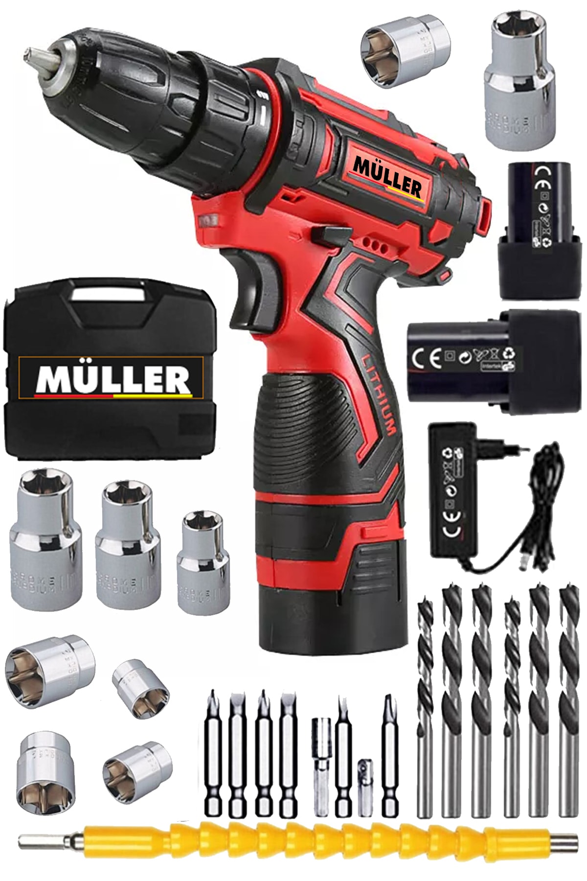 Müller Germany Ex-torq 58 V 6 Ah Otomatik Korumalı Metal Şanzuman Çift Akülü Şarjlı Matkap 27 Parça Set
